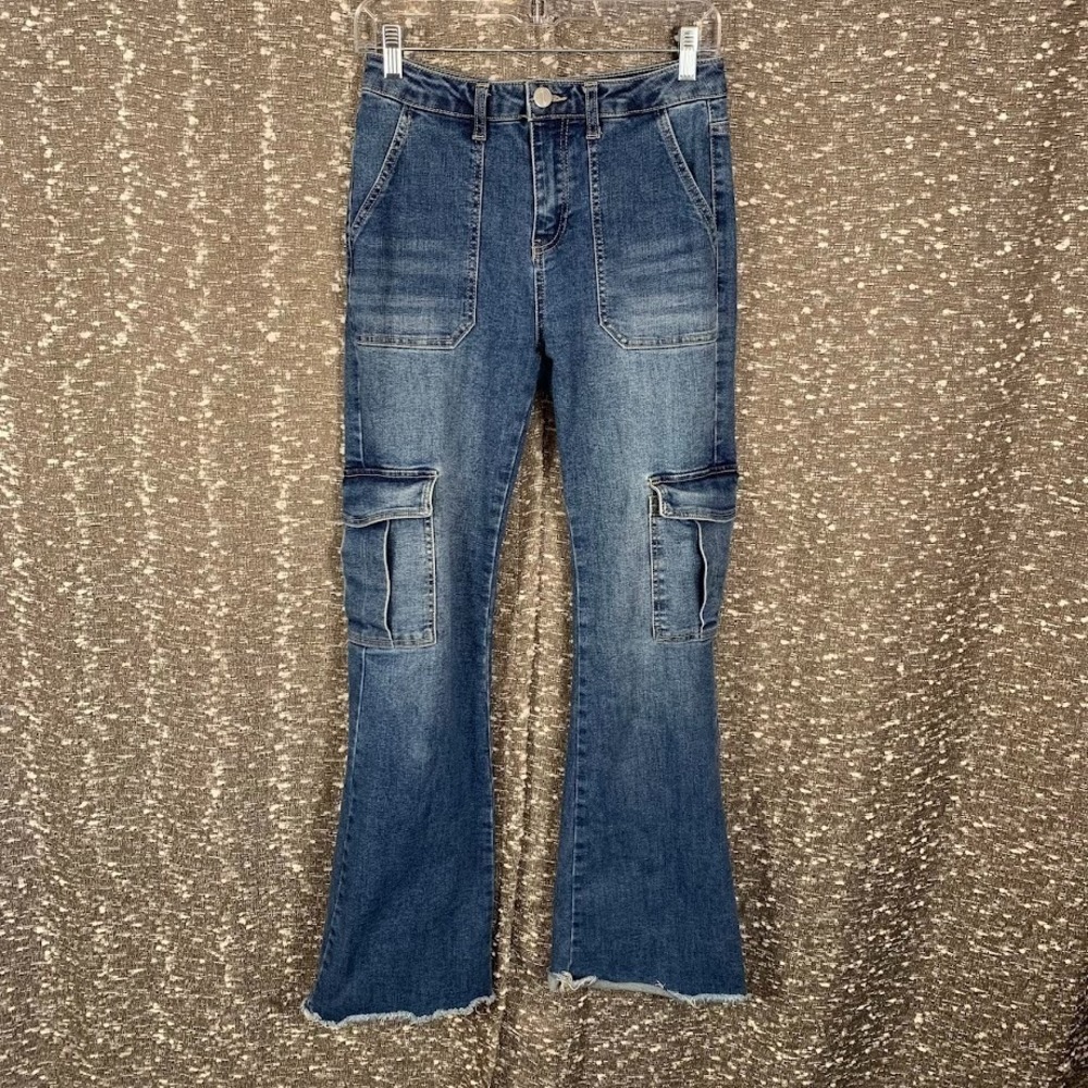 Banjara Anthropologie Cargo Denim Flare Jeans Utility Y2K Raw Hem Women's 5/26